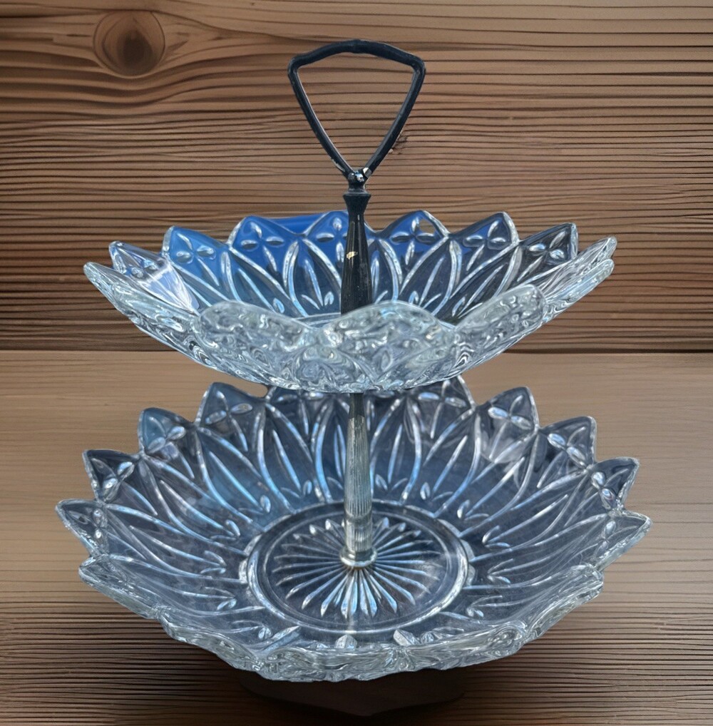 Vintage Federal Glass 1950s Two-Tiered Serving SandwichDish W/ Center Handle 10”